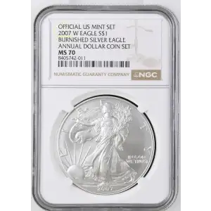 2007 W BURNISHED SILVER EAGLE ANNUAL DOLLAR COIN SET OFFICIAL US MINT SET (2)