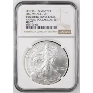 2007 W BURNISHED SILVER EAGLE ANNUAL DOLLAR COIN SET OFFICIAL US MINT SET (2)