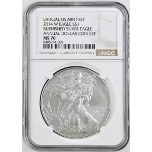2014 W BURNISHED SILVER EAGLE ANNUAL DOLLAR COIN SET OFFICIAL US MINT SET (2)