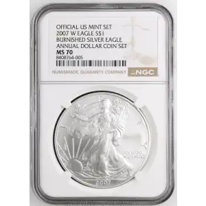 2007 W BURNISHED SILVER EAGLE ANNUAL DOLLAR COIN SET OFFICIAL US MINT SET (2)