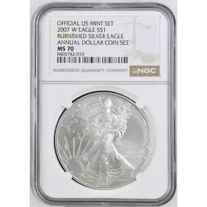 2007 W BURNISHED SILVER EAGLE ANNUAL DOLLAR COIN SET OFFICIAL US MINT SET (2)