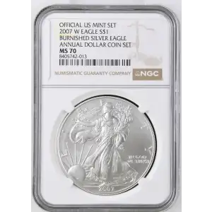 2007 W BURNISHED SILVER EAGLE ANNUAL DOLLAR COIN SET OFFICIAL US MINT SET (2)