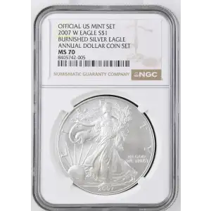 2007 W BURNISHED SILVER EAGLE ANNUAL DOLLAR COIN SET OFFICIAL US MINT SET (2)