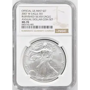 2007 W BURNISHED SILVER EAGLE ANNUAL DOLLAR COIN SET OFFICIAL US MINT SET (2)