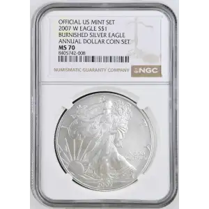 2007 W BURNISHED SILVER EAGLE ANNUAL DOLLAR COIN SET OFFICIAL US MINT SET (2)