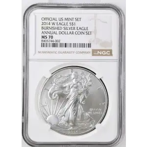 2014 W BURNISHED SILVER EAGLE ANNUAL DOLLAR COIN SET OFFICIAL US MINT SET (2)
