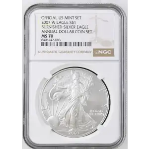 2007 W BURNISHED SILVER EAGLE ANNUAL DOLLAR COIN SET OFFICIAL US MINT SET (2)