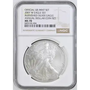 2007 W BURNISHED SILVER EAGLE ANNUAL DOLLAR COIN SET OFFICIAL US MINT SET (2)