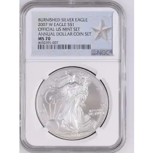 2007 W BURNISHED SILVER EAGLE ANNUAL DOLLAR COIN SET OFFICIAL US MINT SET (2)