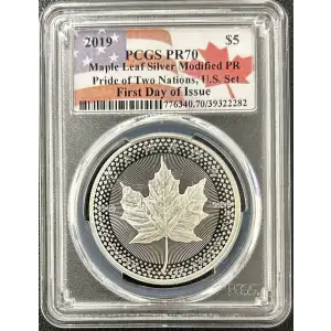 2019 $5 Maple Leaf Silver Modified PR Pride of Two Nations, U.S. Set First Day of Issue