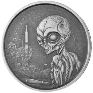 2021 Republic of Ghana 1 oz Antiqued Silver 5 Dollar Space Alien BU Coin (In Capsule) (2)